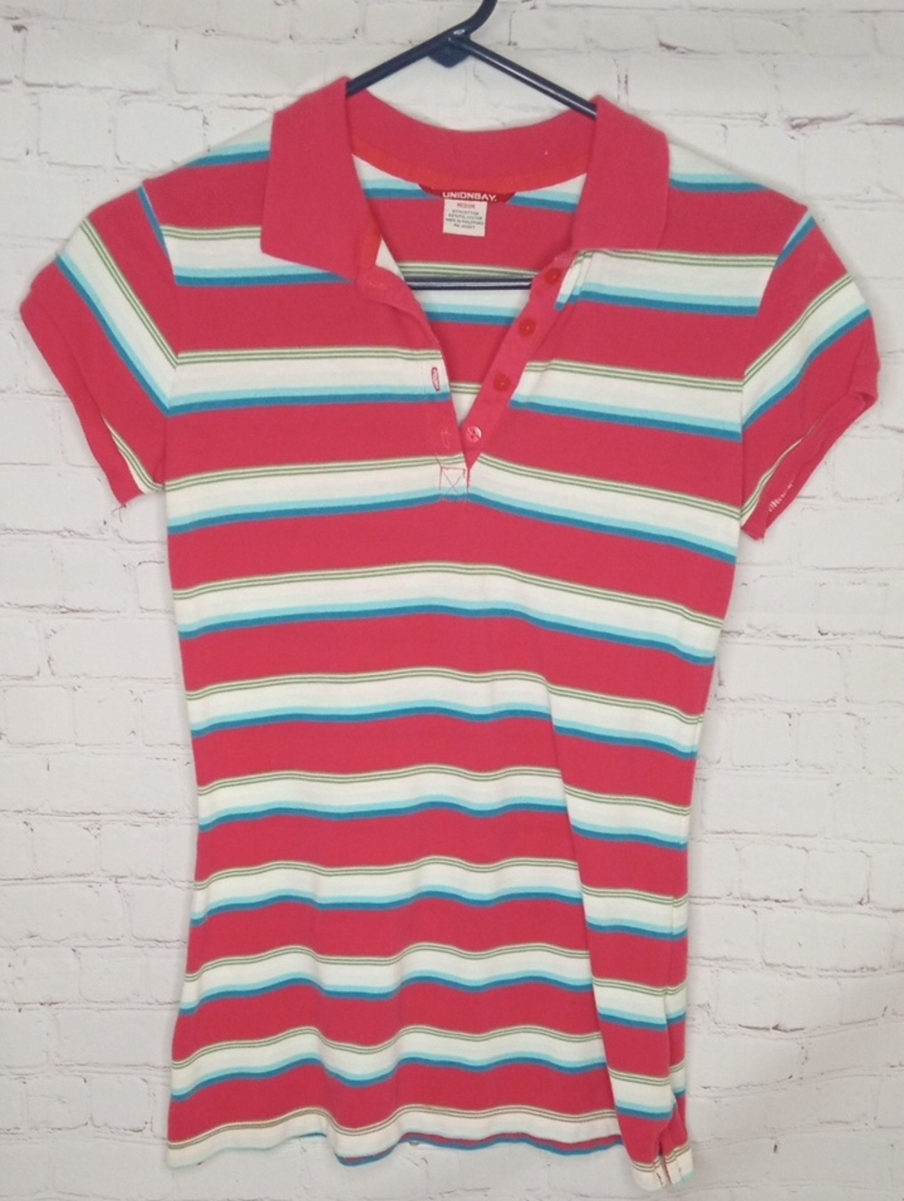 UNIONBAY Coral Pink & Teal Stripe Polo